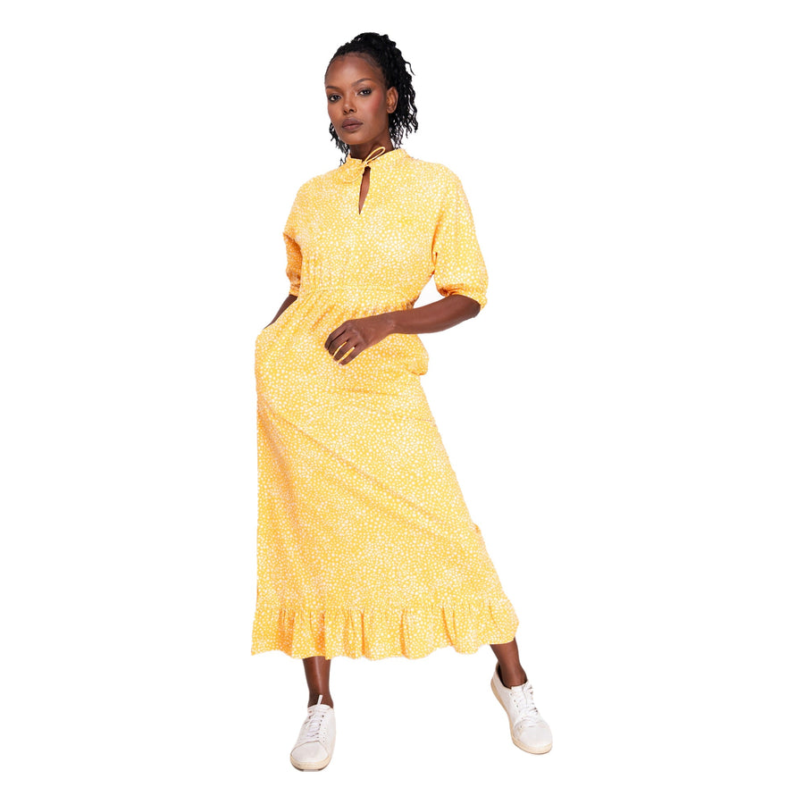 SAVANNAH Yellow Cotton Fit-and-Flare Maxi Dress with Pockets