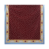 KIFARU Baby Blue rectangular tablecloth, original burgundy print with blue and yellow illustrated border, photographed fabric texture on white