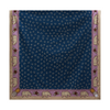 KIFARU Mustard rectangular tablecloth, original navy print with lilac and cream illustrated border, photographed fabric texture on white