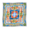 COCOLILI Leopard silk satin scarf in Blue & Orange, 92 x 92 cm, open with gentle fabric folds and the complete original print visible on a white background